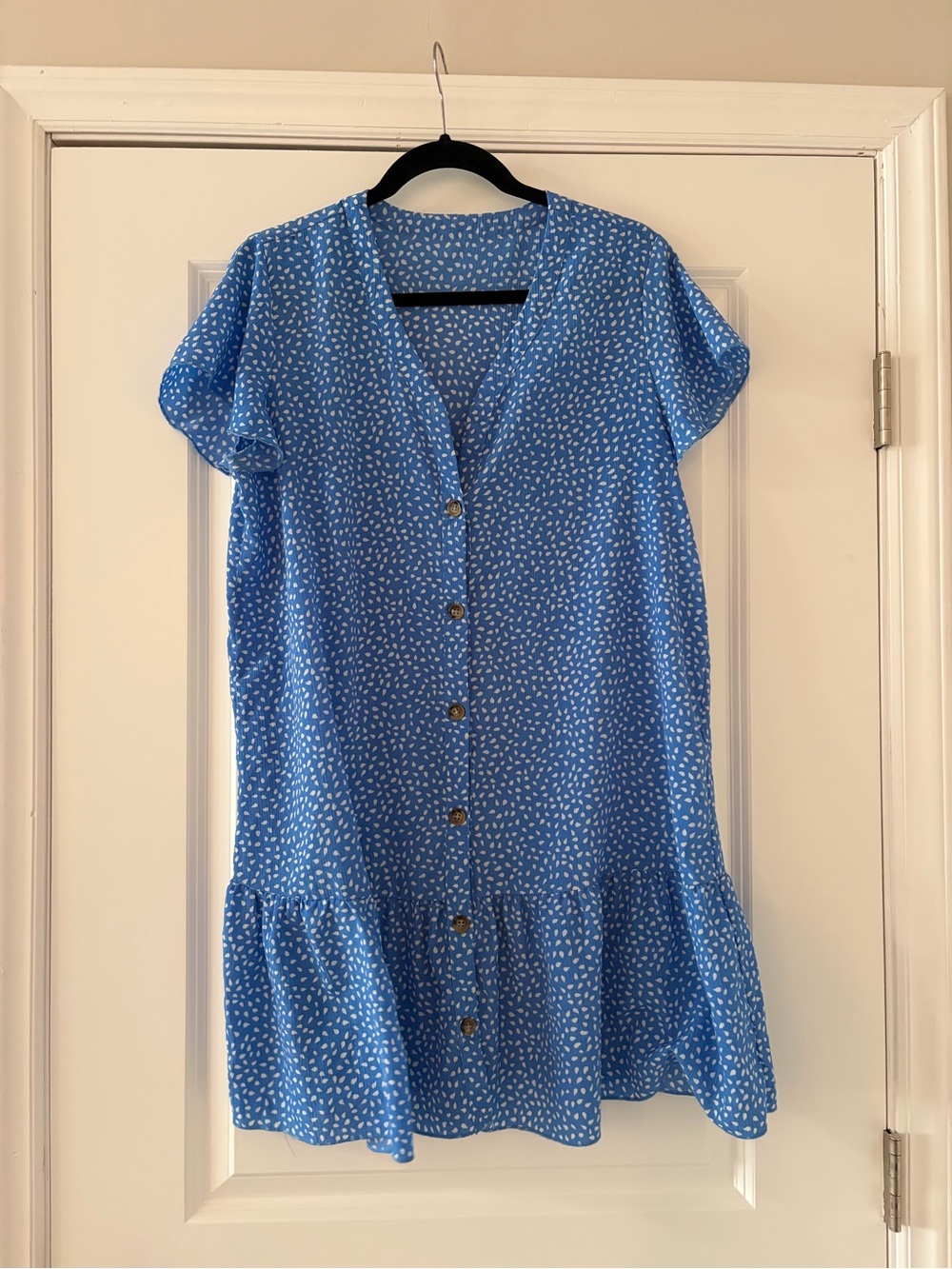 Blue V-Neck Button-Front Short Sleeve Dress